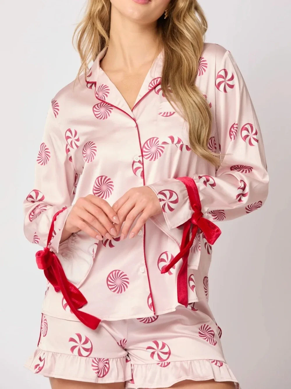 Fantastic Fawn NWT Pink & Red Peppermint Print Satin PJ Set Velvet Red Trim SM